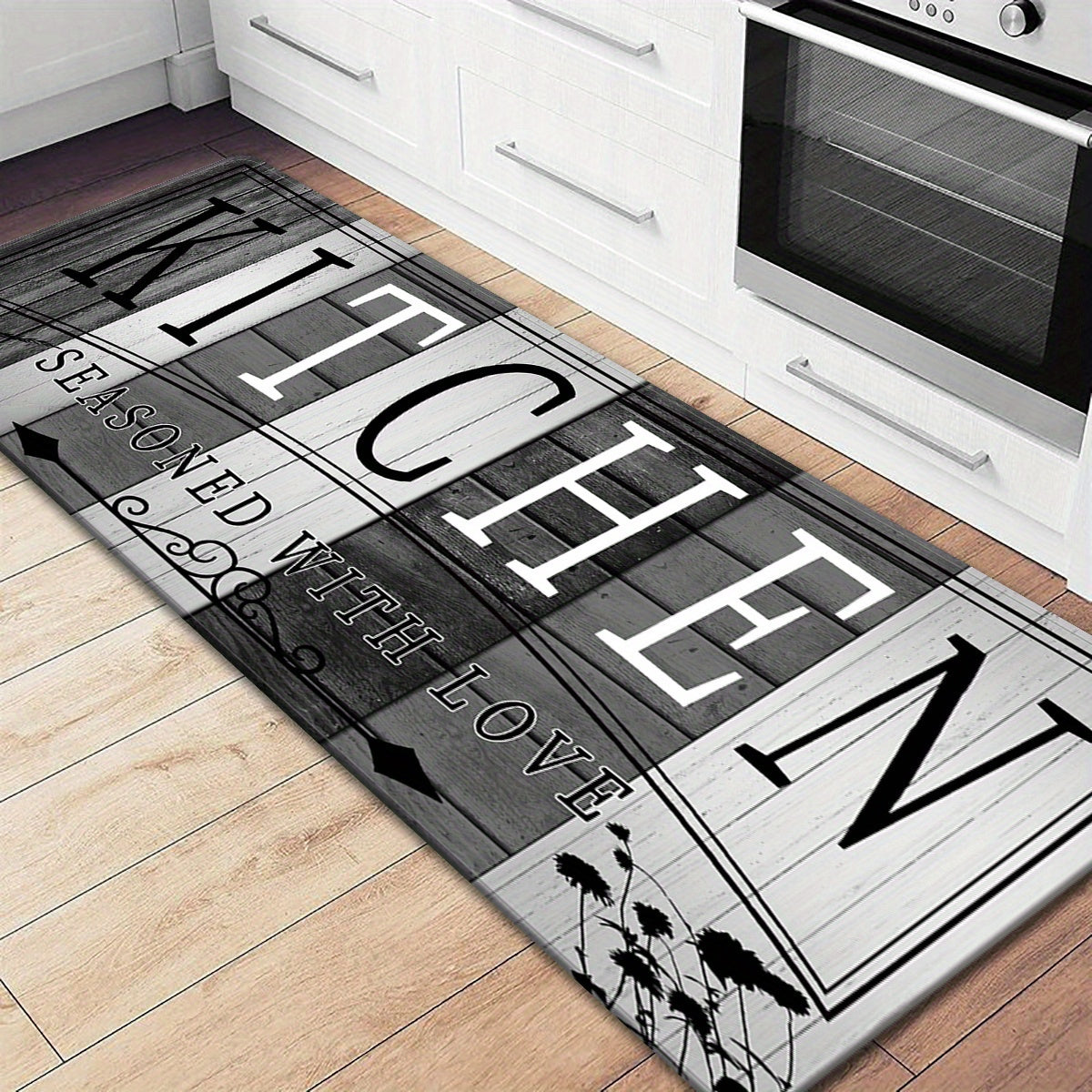 Kitchen Mat Non-Slip Absorbent - Anti-Fatigue Floor Mat for Kitchen Bathroom Laundry Room Hallway, Washable Cushioned Rug with Printed Design, Multiple Sizes & Wood Grain Options
