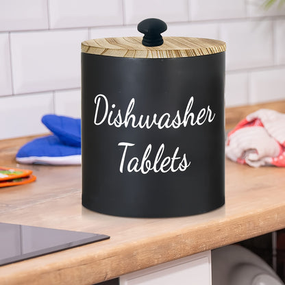 Dishwasher Pod Holder Wood Farmhouse Circular Storage Organizer with Lid – Kitchen Laundry Bathroom Capsule Dispenser, Rustic Natural Wood Design