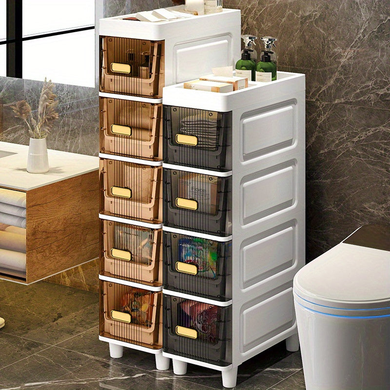 Slim Storage Cabinet with Drawers 3 4 5 6 Tier, Waterproof PP Plastic Drawer Organizer Unit for Bathroom Kitchen Bedroom, Narrow Rolling Storage Cart with Wheels for Small Spaces