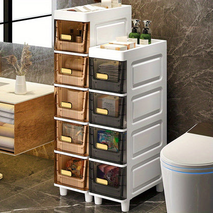 Slim Storage Cabinet with Drawers 3 4 5 6 Tier, Waterproof PP Plastic Drawer Organizer Unit for Bathroom Kitchen Bedroom, Narrow Rolling Storage Cart with Wheels for Small Spaces