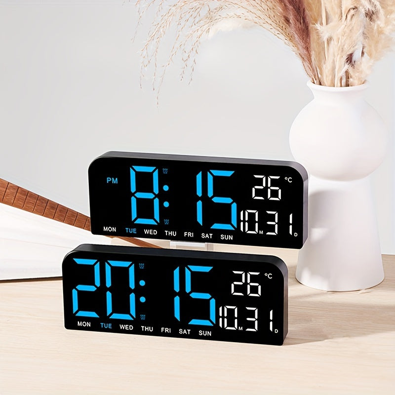 Large Screen LED Alarm Clock with Temperature Humidity Display – 15 Inch Luminous Digital Clock, Week Timer Remote Control, Auto-Dimming, for Bedroom Living Room Office Seniors