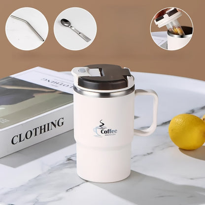 Stainless Steel Coffee Mug with Lid and Spoon 550ml 19.3oz, Large Travel Coffee Cup with Folding Spoon Tea Strainer Straw, Office Student Sports Outdoor Mug Gift for Halloween Christmas, White Brown Black