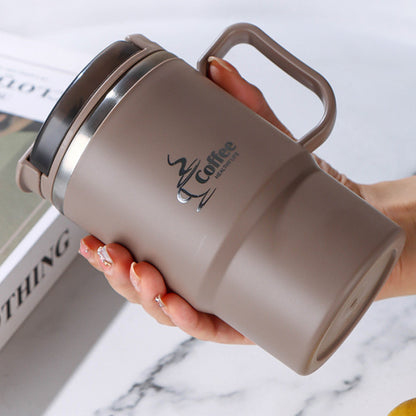 Stainless Steel Coffee Mug with Lid and Spoon 550ml 19.3oz, Large Travel Coffee Cup with Folding Spoon Tea Strainer Straw, Office Student Sports Outdoor Mug Gift for Halloween Christmas, White Brown Black
