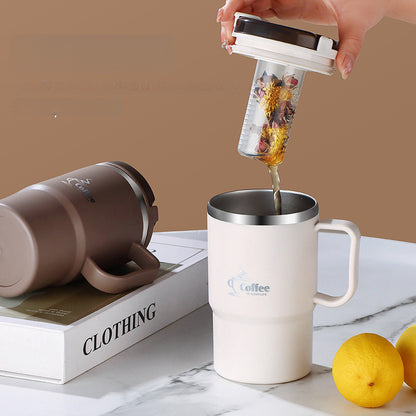 Stainless Steel Coffee Mug with Lid and Spoon 550ml 19.3oz, Large Travel Coffee Cup with Folding Spoon Tea Strainer Straw, Office Student Sports Outdoor Mug Gift for Halloween Christmas, White Brown Black
