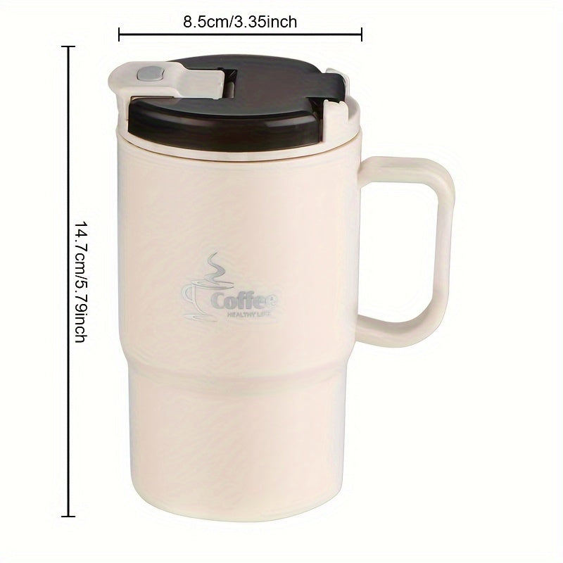 Stainless Steel Coffee Mug with Lid and Spoon 550ml 19.3oz, Large Travel Coffee Cup with Folding Spoon Tea Strainer Straw, Office Student Sports Outdoor Mug Gift for Halloween Christmas, White Brown Black