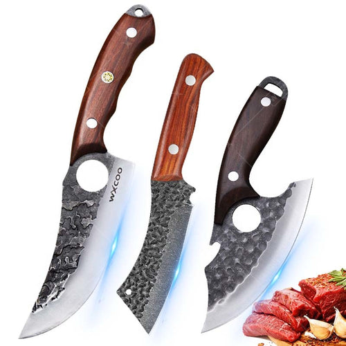 Viking Chef Knife Set 3-4 Piece, Stainless Steel Kitchen Knife Set with Hammered Blade, Professional Boning Utility Fish Knife Set for Cooking Camping BBQ, Sharp Full Tang Knives Gift for Men Women