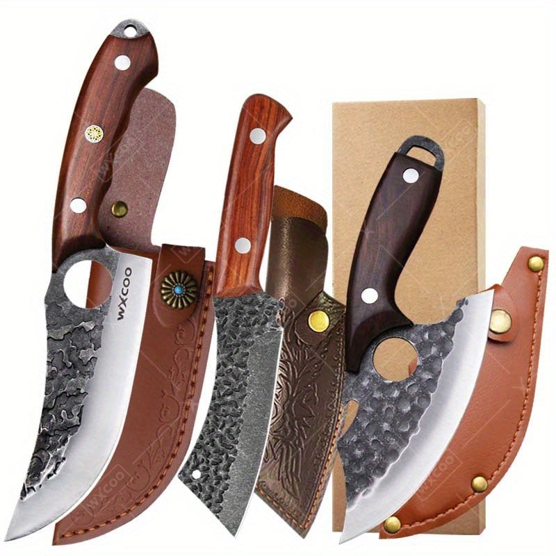 Viking Chef Knife Set 3-4 Piece, Stainless Steel Kitchen Knife Set with Hammered Blade, Professional Boning Utility Fish Knife Set for Cooking Camping BBQ, Sharp Full Tang Knives Gift for Men Women