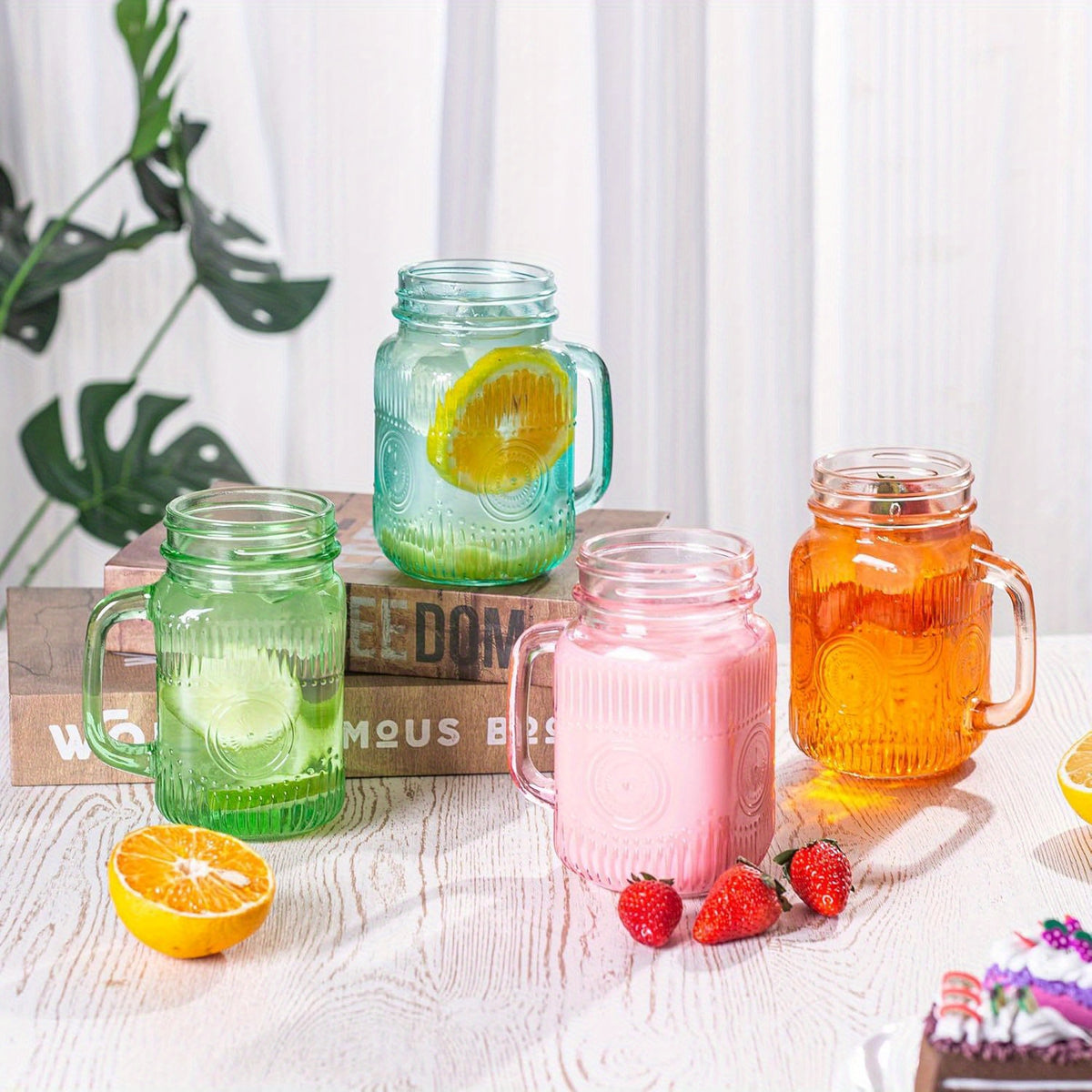 Mason Jar Mugs with Handles Set of 6 - 16oz Colored Glass Drinking Jars, Vintage Colorful Mason Jar Cups for Party, BBQ, Picnic & Wedding, Dishwasher Safe Beverage Glasses, Multicolor Drinkware