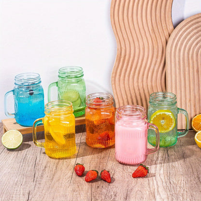 Mason Jar Mugs with Handles Set of 6 - 16oz Colored Glass Drinking Jars, Vintage Colorful Mason Jar Cups for Party, BBQ, Picnic & Wedding, Dishwasher Safe Beverage Glasses, Multicolor Drinkware