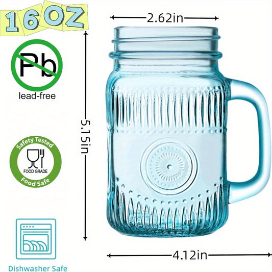 Mason Jar Mugs with Handles Set of 6 - 16oz Colored Glass Drinking Jars, Vintage Colorful Mason Jar Cups for Party, BBQ, Picnic & Wedding, Dishwasher Safe Beverage Glasses, Multicolor Drinkware