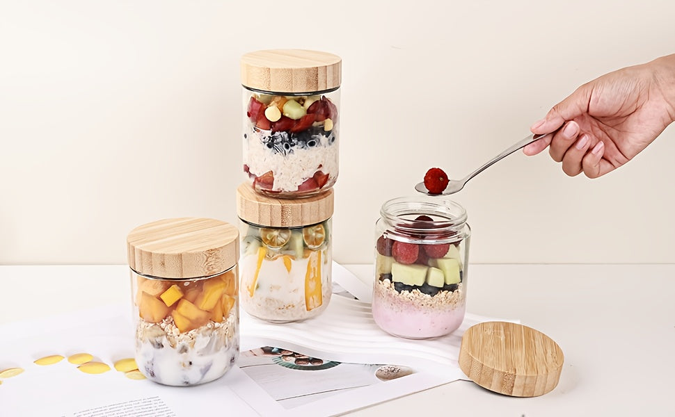 Overnight Oats Containers with Bamboo Lids Glass Jars Airtight Wide Mouth Mason Jars for Meal Prep, Yogurt, Chia Seeds, Salad & Snacks - 4 Pack 16oz or 6 Pack with Spoons, BPA-Free Food Storage Jars