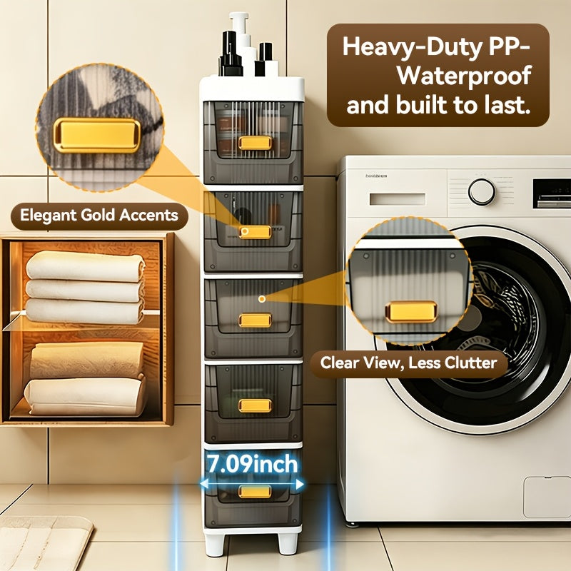 Slim Storage Cabinet with Drawers 3 4 5 6 Tier, Waterproof PP Plastic Drawer Organizer Unit for Bathroom Kitchen Bedroom, Narrow Rolling Storage Cart with Wheels for Small Spaces