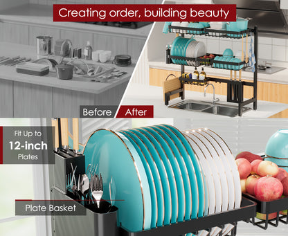Over Sink Dish Drying Rack 3 Tier Adjustable Expandable - Stainless Steel Kitchen Organizer with Baskets, Utensil Holder, Knife & Cutting Board Holder - Space Saving Dish Drainer for Counter, Black