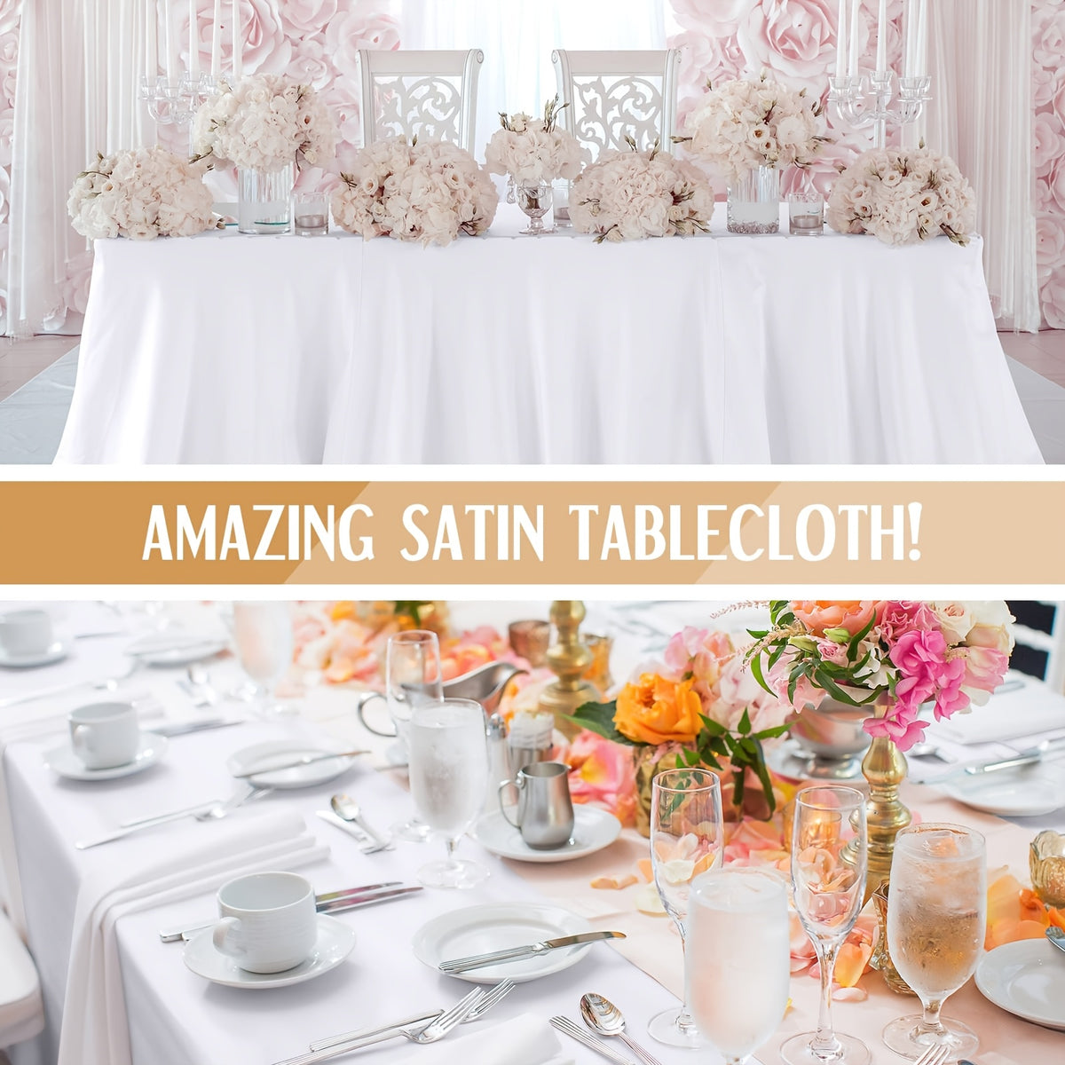 Satin Tablecloth 2-Pack 57x102 Inch Rectangular Smooth Fabric Table Cover - Elegant Tabletop Decoration for Wedding Banquet Birthday Party Outdoor Events - Polychrome Champagne Black Dark Green Rose Gold