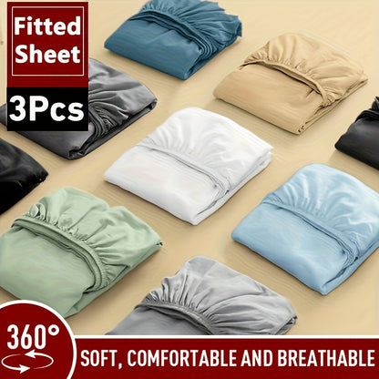 Soft Fitted Bed Sheet Set 3-Piece with 2 Pillowcases – Solid Color Layered Fitted Sheet for Bedroom Guest Room Hotel Mattress Protection