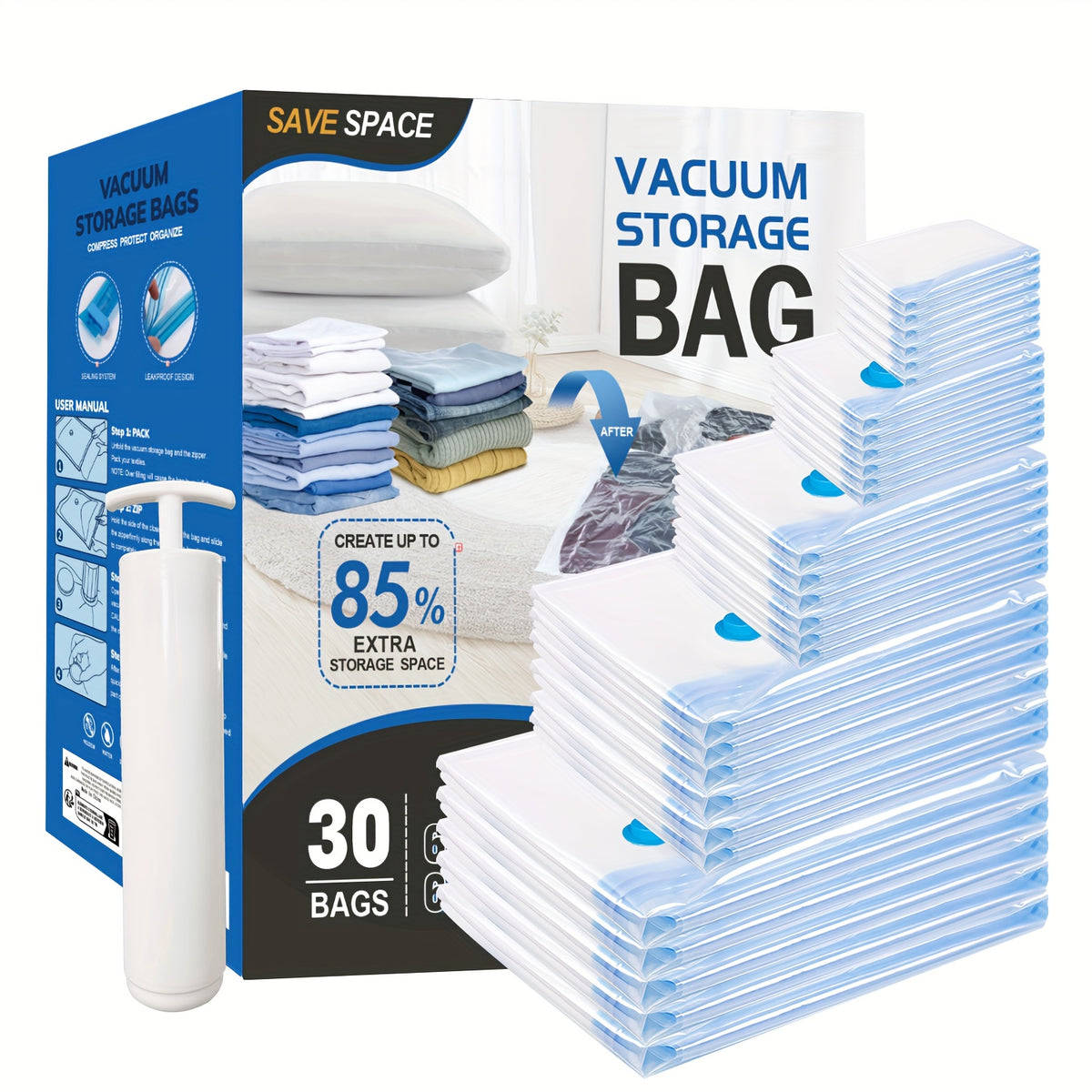 Vacuum Storage Bags for Clothes – Jumbo Space Saver Bags for Comforters Blankets Pillows Bedding, Extra Thick Travel Compression Bags with Hand Pump, 4 8 10 12 20 30 Pack