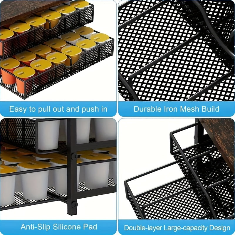 K-Cup Storage Drawer Metal Coffee Pod Holder – Sliding Basket Capsule Organizer for Kitchen Counter, Holds 48 Double-Layer Coffee Capsules, Space-Saving Countertop Coffee Station, Brown