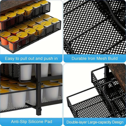 K-Cup Storage Drawer Metal Coffee Pod Holder – Sliding Basket Capsule Organizer for Kitchen Counter, Holds 48 Double-Layer Coffee Capsules, Space-Saving Countertop Coffee Station, Brown