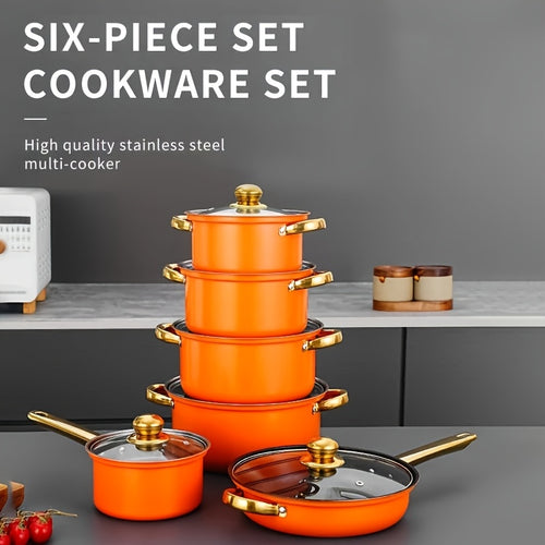 Stainless Steel Cookware Set 12-Piece 304 Non-Stick Induction Compatible Pots & Pans with Lids and Dual Handles for Soup, Hot Pot, Pasta, Seafood & Rice – Orange or Natural