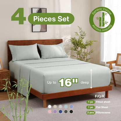 Bamboo Bed Sheet Set 4 Piece - 2000TC Cooling Sheets Deep Pocket 16 Inch, Luxury Soft Hotel Quality Fitted Sheet Flat Sheet Pillowcases, Wrinkle Shrink Resistant, Twin Full Queen King