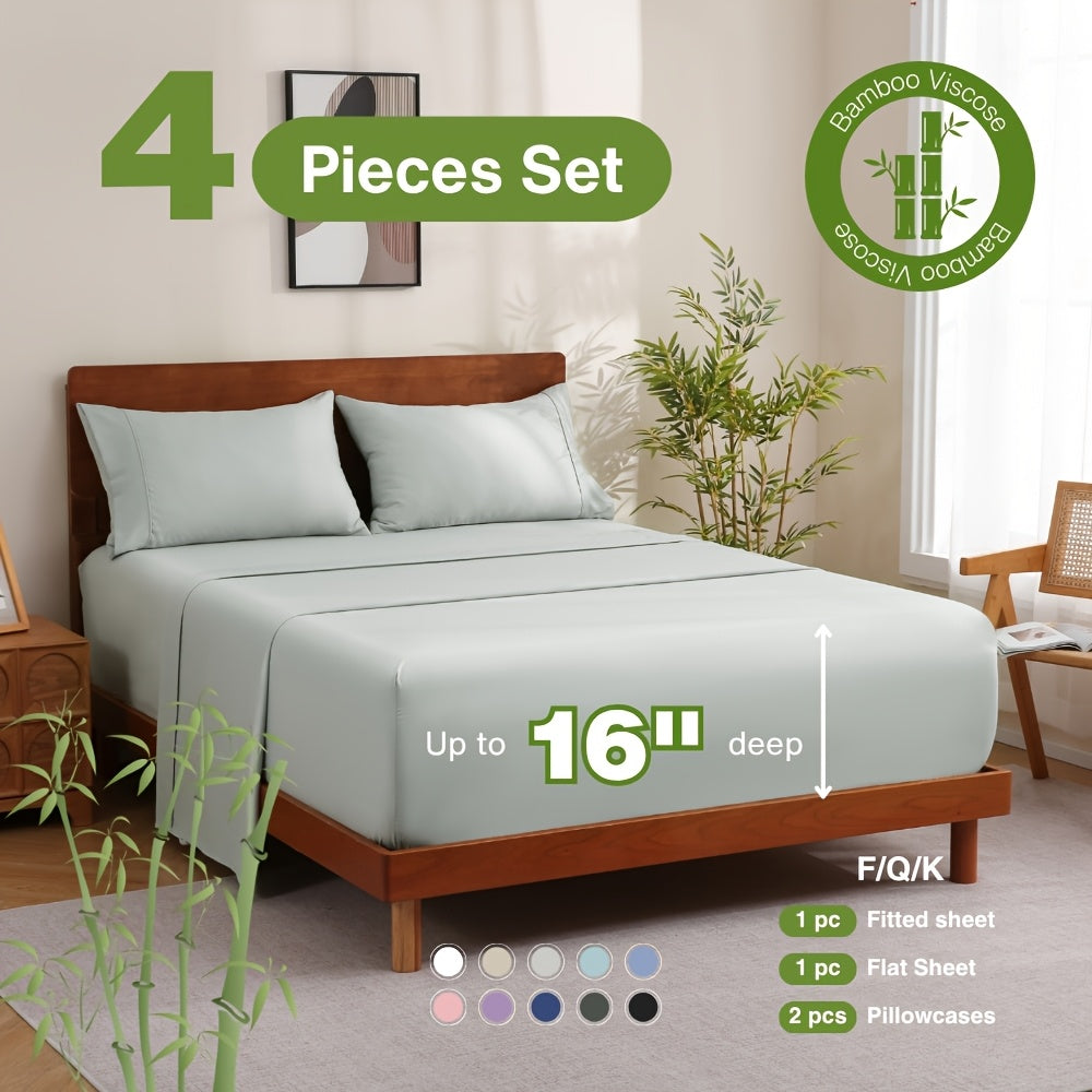 Bamboo Bed Sheet Set 4 Piece - 2000TC Cooling Sheets Deep Pocket 16 Inch, Luxury Soft Hotel Quality Fitted Sheet Flat Sheet Pillowcases, Wrinkle Shrink Resistant, Twin Full Queen King