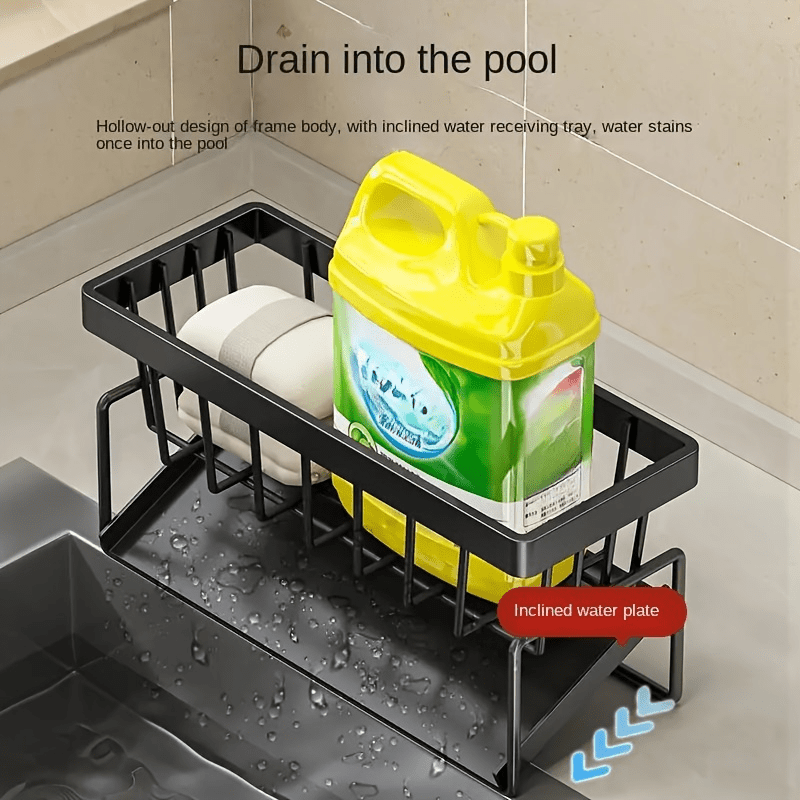 Sink Sponge Holder Drain Rack with Dishcloth Holder & Soap Dispenser Caddy, Kitchen Sink Organizer for Sponge Brush Mop Scrubber, Black Plastic Countertop Storage Rack