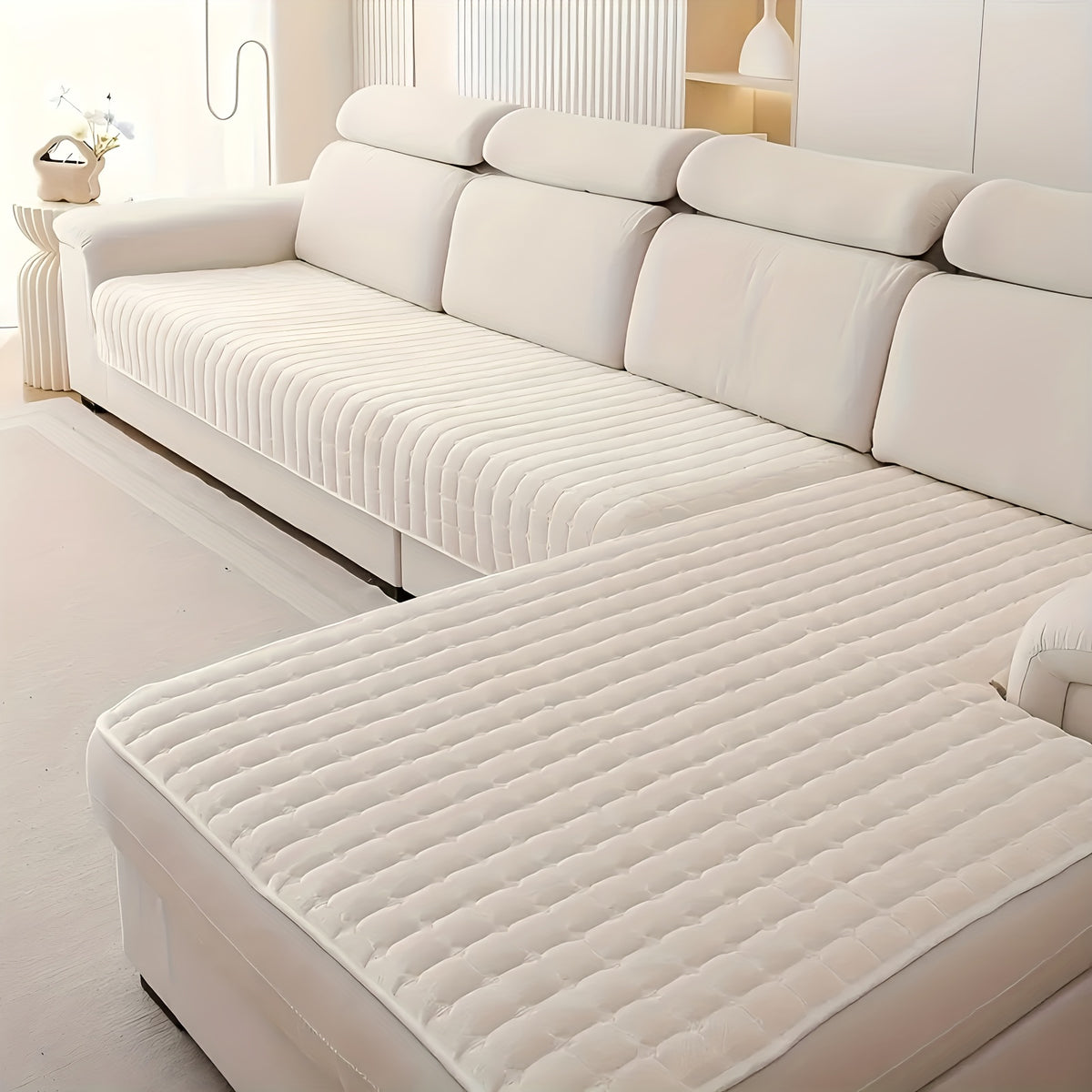 Quilted Sofa Cover 2 Piece Set, Flannel Velvet Couch Cover Furniture Protector, Soft Pet-Friendly Sofa Slipcover for Living Room Bedroom Office, All Season Machine Washable in White Gray Brown Khaki