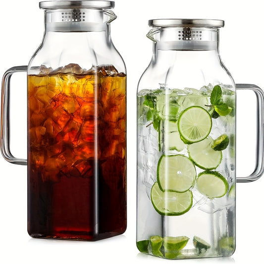 Glass Pitcher with Lid & Handle 68oz – Borosilicate Water Jug for Fridge, Iced Tea, Coffee Carafe & Cold Drinks, Heat Resistant, 304 Stainless Steel Lid, 1 or 2 Pack