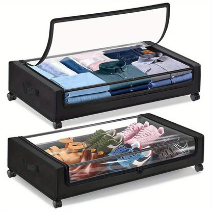 Under Bed Storage with Wheels 2-Pack XXL 70L Rolling Containers Organizer for Clothes Bedding Shoes Blankets - Transparent Lid Zippered 600D Oxford Bedroom Dorm