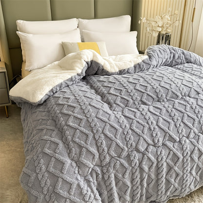 Fleece Blanket Plush Throw for Bed - Premium Thick Warm Winter Blanket, Soft Fluffy Microfiber Velvet Quilt with Vintage Geometric Design for Bedroom, Couch & Hotel, Twin Queen King, Grey Blue Beige