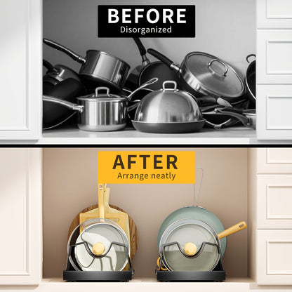 Pull-Out Cabinet Organizer with Adjustable Dividers – Sliding Pot Lid Holder & Pan Rack for Kitchen Cabinets, Drill-Free Install, Space-Saving Under Cabinet Storage for Lids, Pans & Bakeware