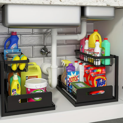 Under Sink Organizer Pull Out 2-Tier Slide Out Cabinet Shelf Storage Rack for Kitchen & Bathroom - Space Saving Sliding Shelf, Black White Grey, 1 or 2 Pack