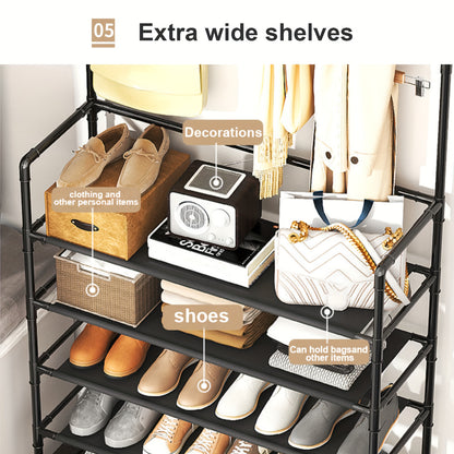 Shoe Rack Organizer with 8 Hooks Multi-Layer - Free Standing Shoe Storage Shelf for Entryway, Closet & Bedroom, Space-Saving Vertical Shoe Tower with Hat & Coat Hooks, 3 or 5 Tier Black