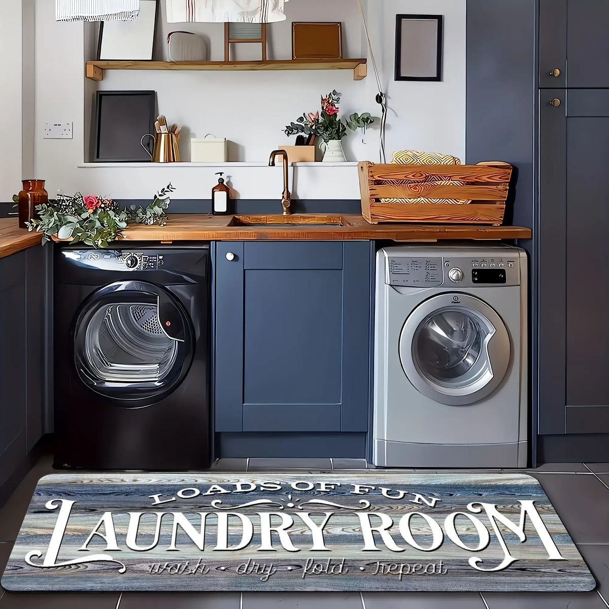 Non-Slip Laundry Room Mat Heavy Duty Washable Runner Rug with Rubber Backing Wood Grain Design for Laundry Room Kitchen Bathroom – Dark Brown Gray Rustic Style Durable Floor Carpet