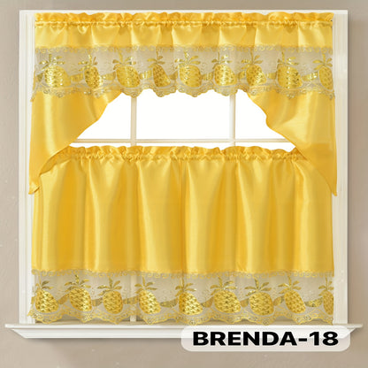 Kitchen Curtains Set 3 Piece with Embroidery – Satin Fabric Valance and Tier Curtains for Kitchen Windows, 49 Colors, Light Filtering, Rod Pocket, Machine Washable