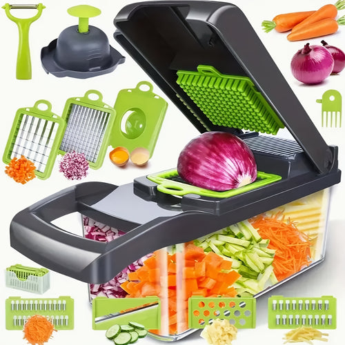 Manual Food Chopper 16-in-1 with 8 Interchangeable Blades, BPA-Free Container, Peeler & Filter – Onion Dicer, Garlic Mincer, Carrot Slicer, Vegetable Chopper for Quick Meal Prep, Kitchen Gadget