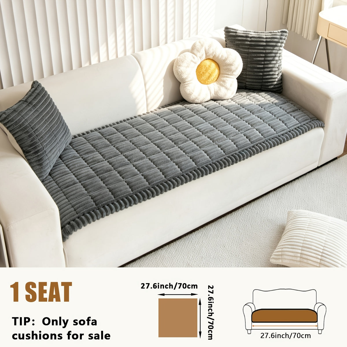 Sofa Cover Plush Velvet - Washable Stretch Couch Cover with Wavy Edge, Soft Shu Velveteen Sofa Protector for 1 2 3 4 Seater, Easy Install Furniture Cover in White Khaki Gray