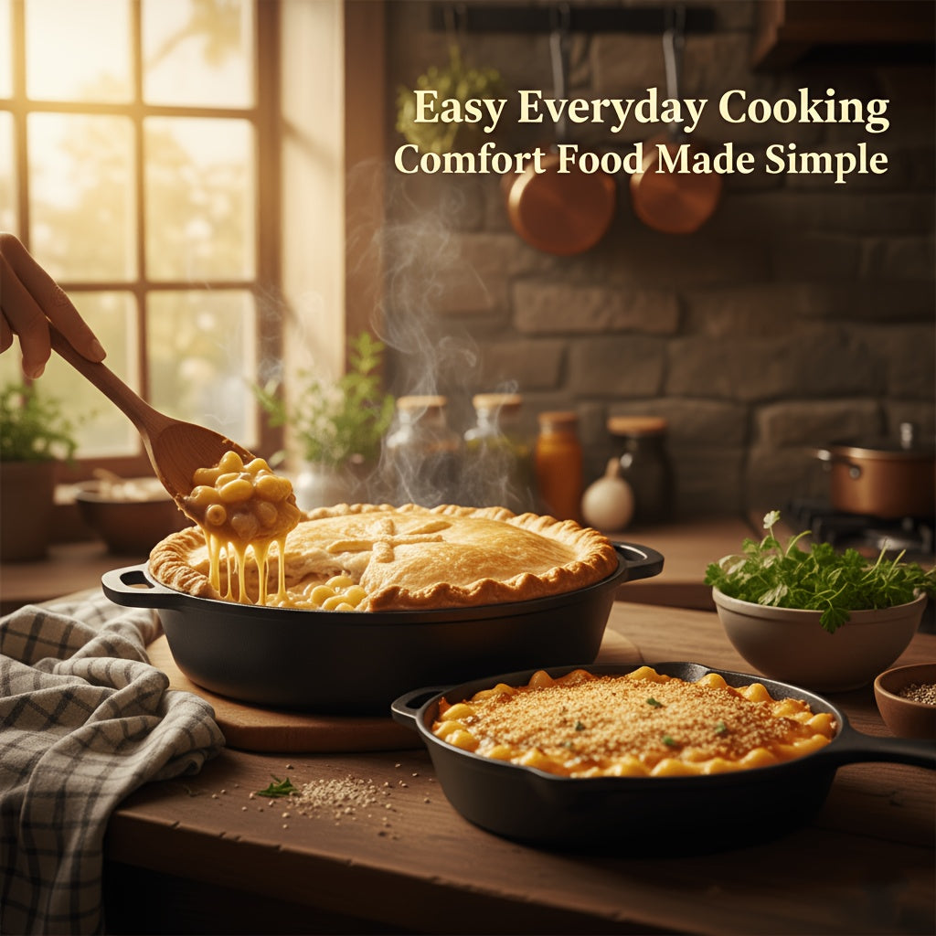 Cast Iron Cookware Set for Kitchen & Camping, Non-Stick Skillets Dutch Oven Griddle & Pizza Pan, Works on Induction & Open Fire, Even Heat Distribution, 500°F Oven Safe, BBQ & Outdoor Cooking