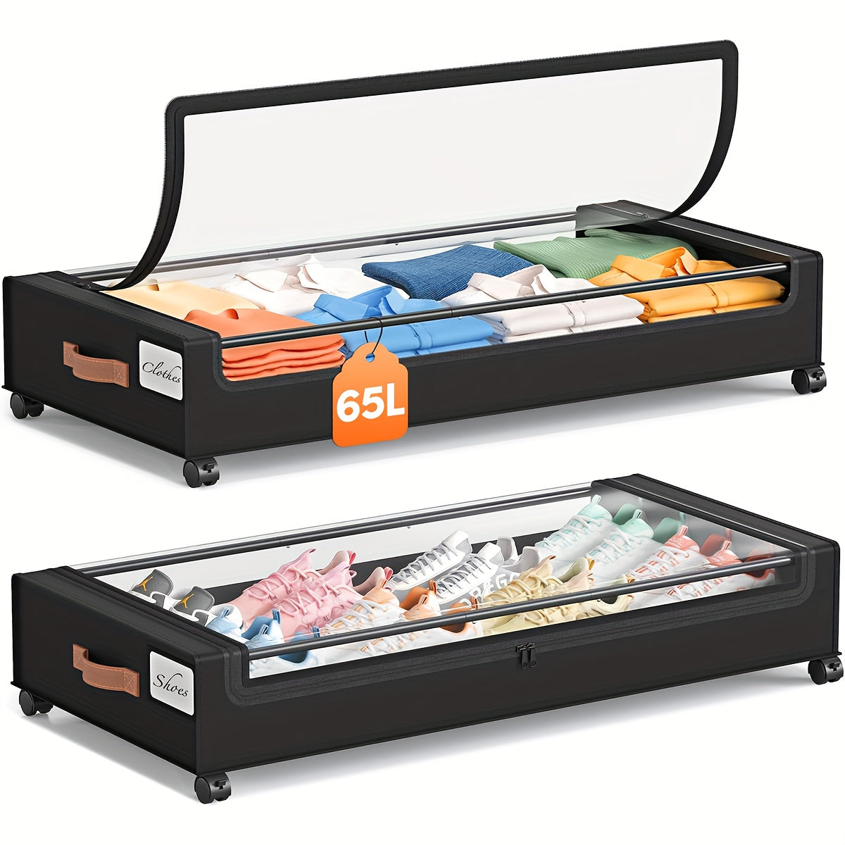 Under Bed Storage Boxes with Wheels 2-Pack - Sliding Wheeled Under Bed Organizer with Metal Drawer for Clothes, Shoes, Blankets, Bedding - Space Saving Bedroom Storage Solution, Black & Gray Options