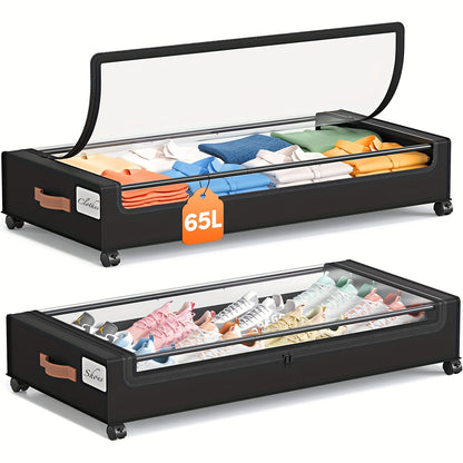 Under Bed Storage Boxes with Wheels 2-Pack - Sliding Wheeled Under Bed Organizer with Metal Drawer for Clothes, Shoes, Blankets, Bedding - Space Saving Bedroom Storage Solution, Black & Gray Options