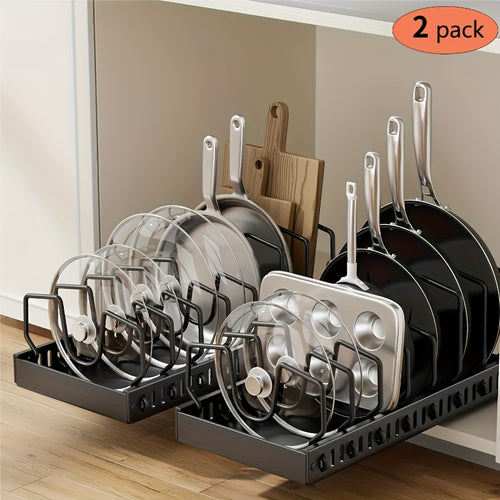 Pull Out Cabinet Organizer Set of 2 - Slide Out Pot and Pan Organizer for Under Cabinet, Pot Lid Holder Rack with 8 Adjustable Dividers, Drill-Free Kitchen Cabinet Cookware Storage Shelf, Black