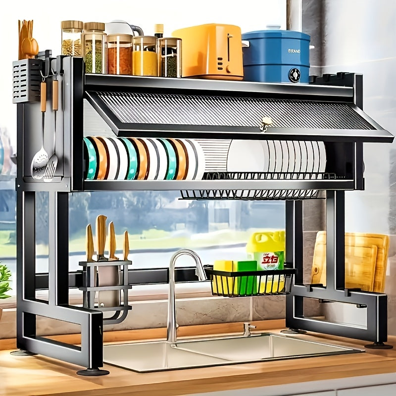 Dish Drying Rack for Kitchen Counter, Multi-Layer Countertop Dish Rack with Dust Cover, Large Capacity Organizer for Dishes Cups Utensils, Space Saving Kitchen Drying Rack in Black