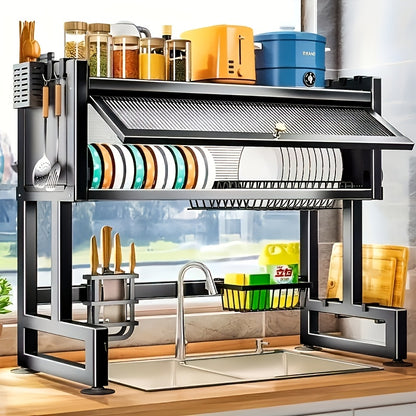 Dish Drying Rack for Kitchen Counter, Multi-Layer Countertop Dish Rack with Dust Cover, Large Capacity Organizer for Dishes Cups Utensils, Space Saving Kitchen Drying Rack in Black