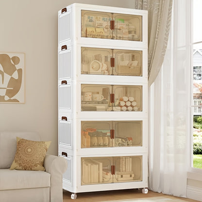 Stackable Storage Locker with Doors and Wheels - Collapsible Plastic Cabinet 1-5 Layers Large Capacity Home Organization for Bedroom Living Room Kitchen