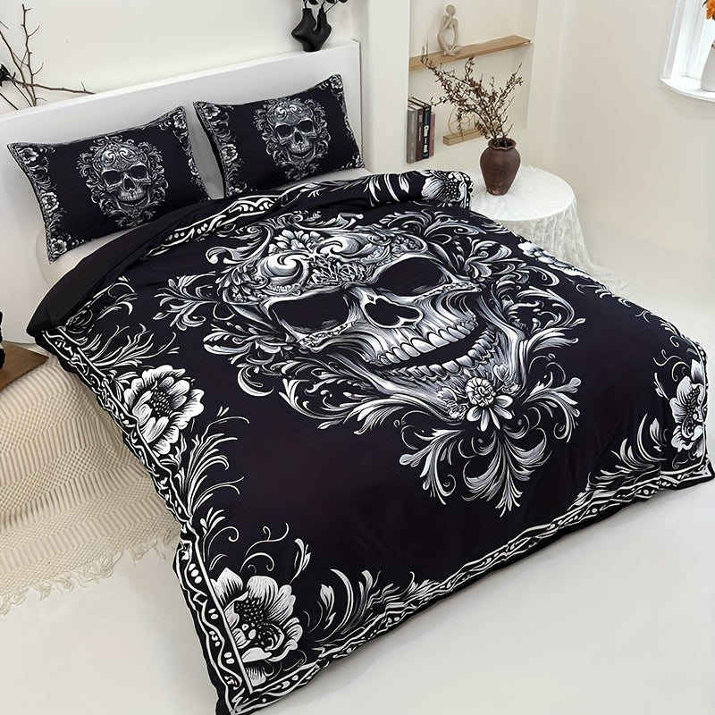 Skull Duvet Cover Set Queen King Twin Full – Gothic Victorian Baroque Black White Halloween Bedding 3-Piece Set with 2 Pillowcases, High Definition Print, Soft Microfiber