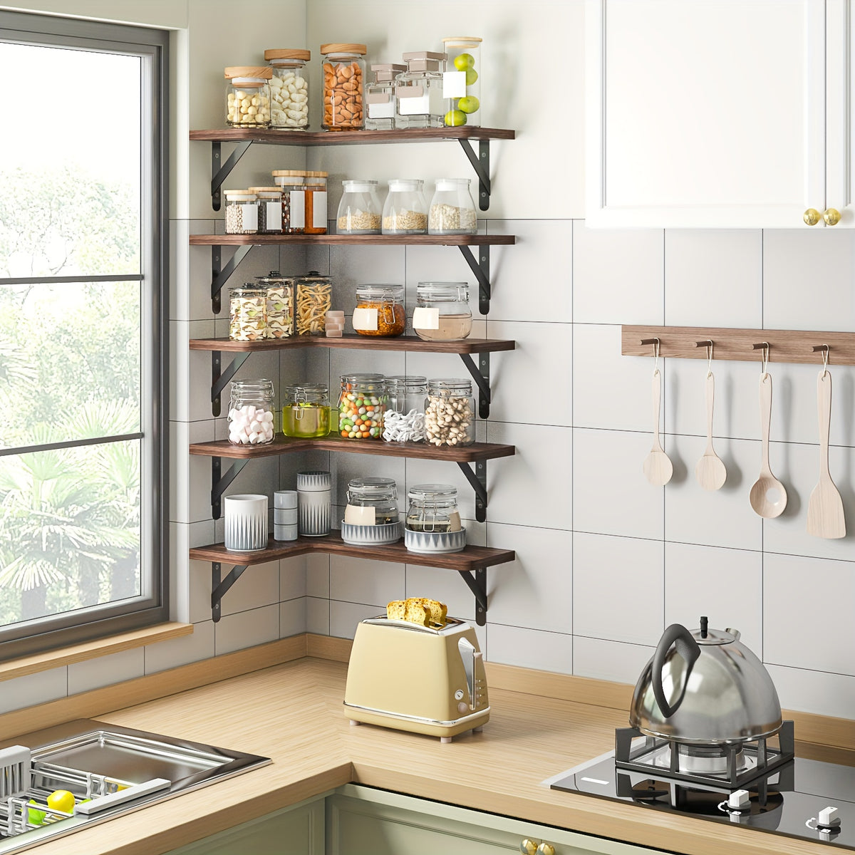 Corner Floating Shelves Rustic Wood 5 or 6 Piece Wall Mounted Heavy Duty Space Saving Storage Shelf for Bathroom Kitchen Bedroom Living Room, Easy Install 8 Colors
