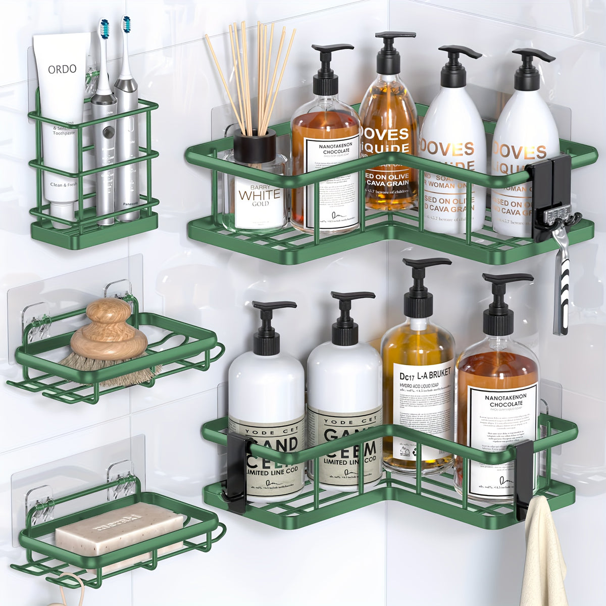 Corner Shower Caddy 5 Pack with Soap Holder & 4 Removable Hooks – No Drilling Suction Cup Shower Shelf, Rustproof Stainless Steel Bathroom Organizer for Inside Shower | 8 Colors