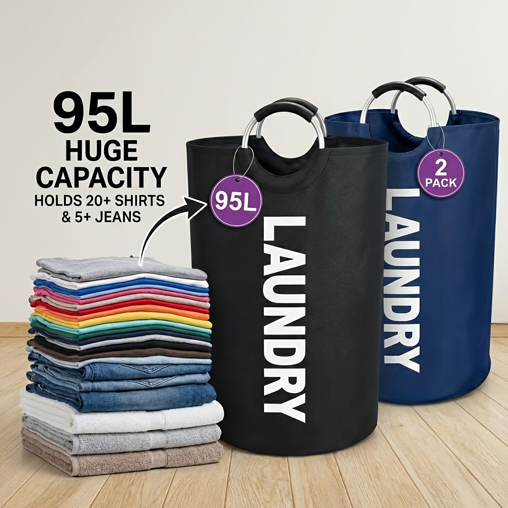 Extra Large Foldable Laundry Basket Set 95L/25 Gal – 2-Pack Thickened Waterproof Oxford Cloth Tall Storage Baskets for Bedroom, Bathroom, Dorm & Closet Organization, Multiple Colors