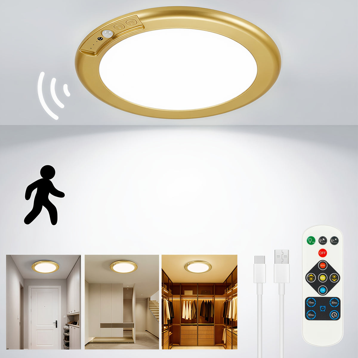 Rechargeable LED Ceiling Light with Motion Sensor & Remote Control – Battery Operated, 3 Color Temps (3000K/4500K/6500K), 10 Brightness Levels, Dimmable Closet Light for Bathroom, Hallway, Pantry & Porch – White, Black & Gold