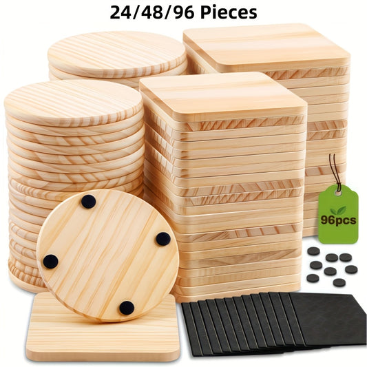 Unfinished Wood Coaster Blanks 4 Inch Round & Square DIY Craft Supplies for Painting Engraving Burning - Wooden Coasters with Non-Slip Felt Dots for Home Decor Christmas Halloween Gifts